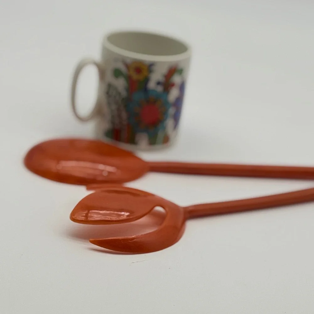 Vintage MCM Burnt Orange Lucite Salad Server Tulip Serving Spoon Fork Set 11.5in